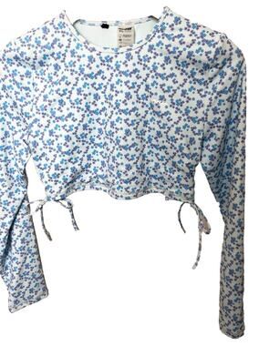 Bo+Tee Long Sleeve Crop Top Women’s Size XL Blue Floral Tie Activewear